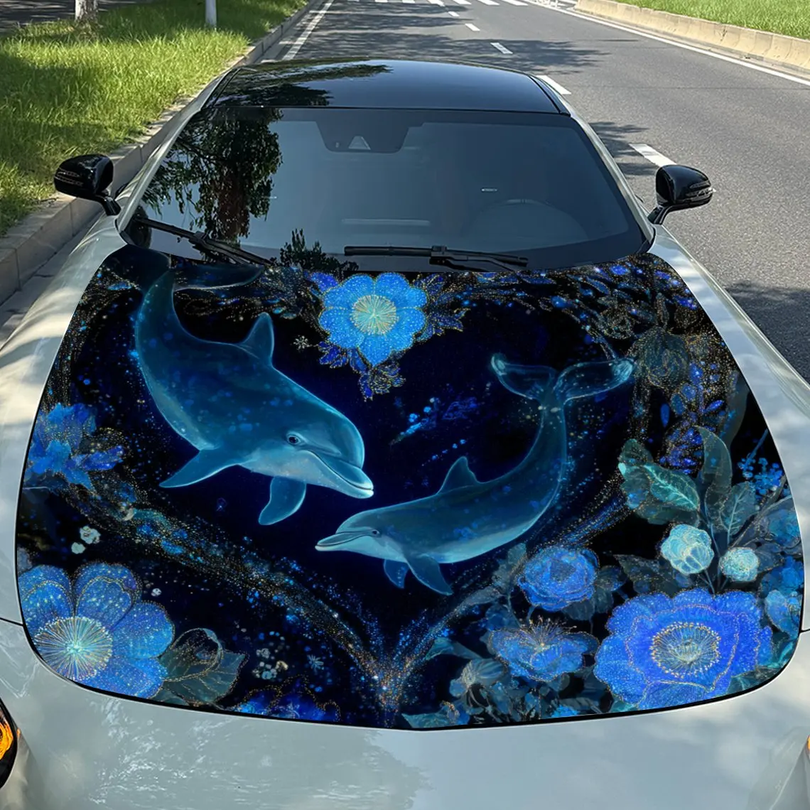 Heart-shaped Dolphins with Blue Flower Rhapsody Car Vinyl Wrap, PVC Material Waterproof Car Hood Sticker, Self-Adhesive Scratch-