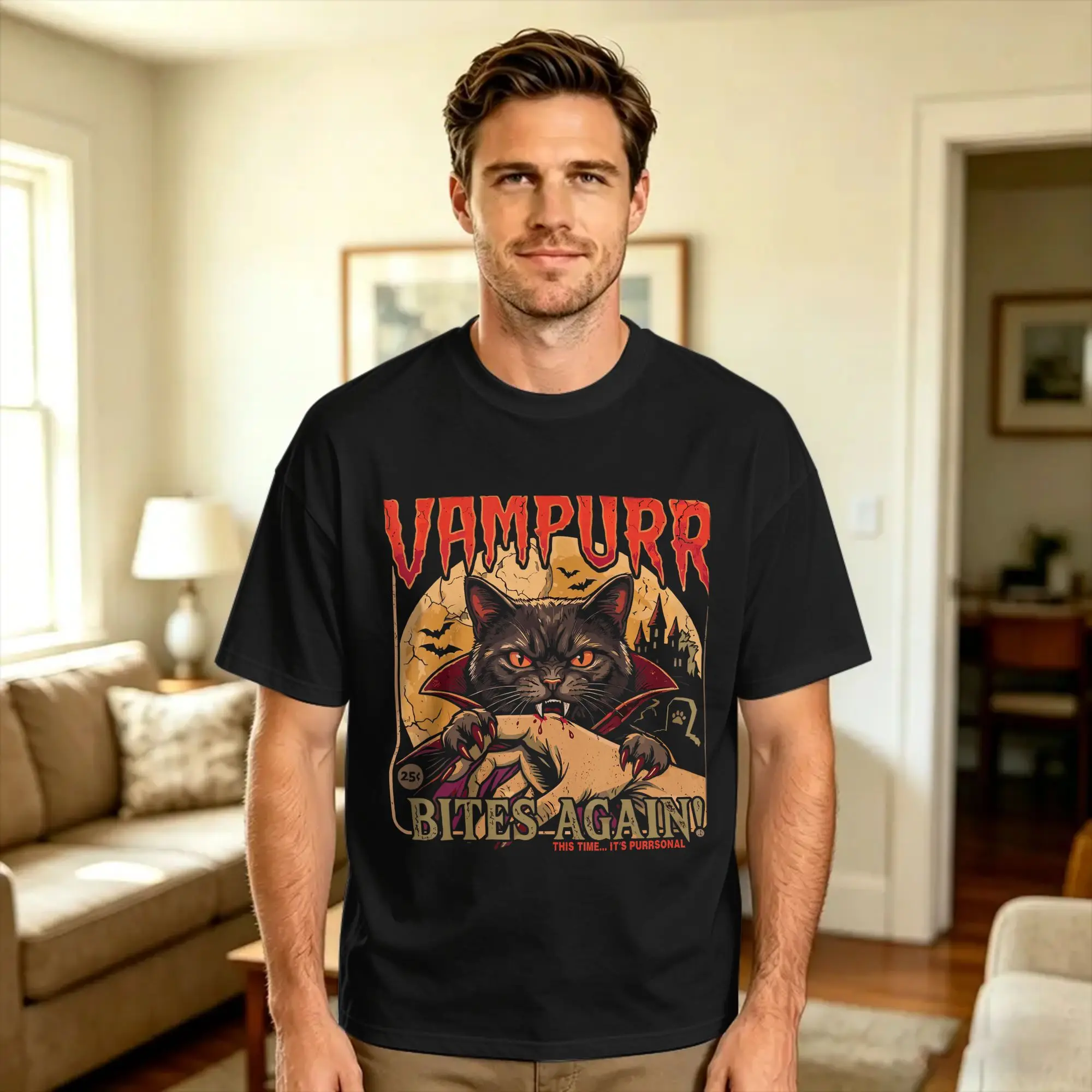 Vampurr Bites Again Vintage Cat Halloween Vampire Graphic  T Shirt Man  Vintage T-Shirts Summer Breathable Fashion Tee Shirt