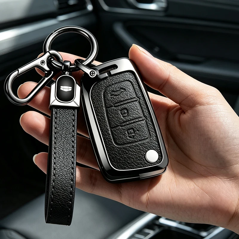 For Geely GX3 EC7 EC8 GC6 EC715 EC718 Emgrand7 EU7 EC7-RV EC718-RV 3 Buttons Metal Leather Car Key Case Cover Protect Shell