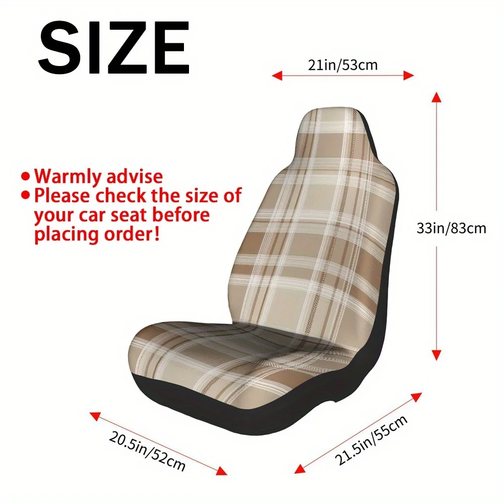 2pcs, Beige Checked Plaid Print Car Seat Cover, Machine Washable, Front Seat Covers For Most Vehicles, Suitable For Using As A G