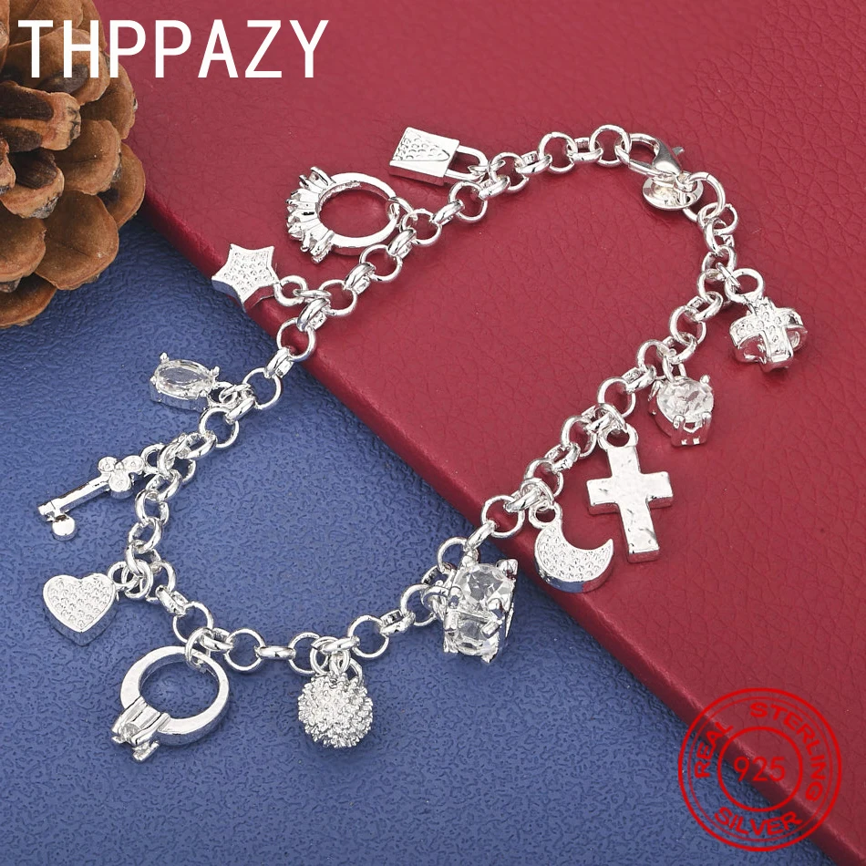 

THPPAZY 925 Sterling Silver Star Moon Heart Zircon Bracelet Women Fashion Fine Charm Jewelry Engagement Party Gift 20cm Chain