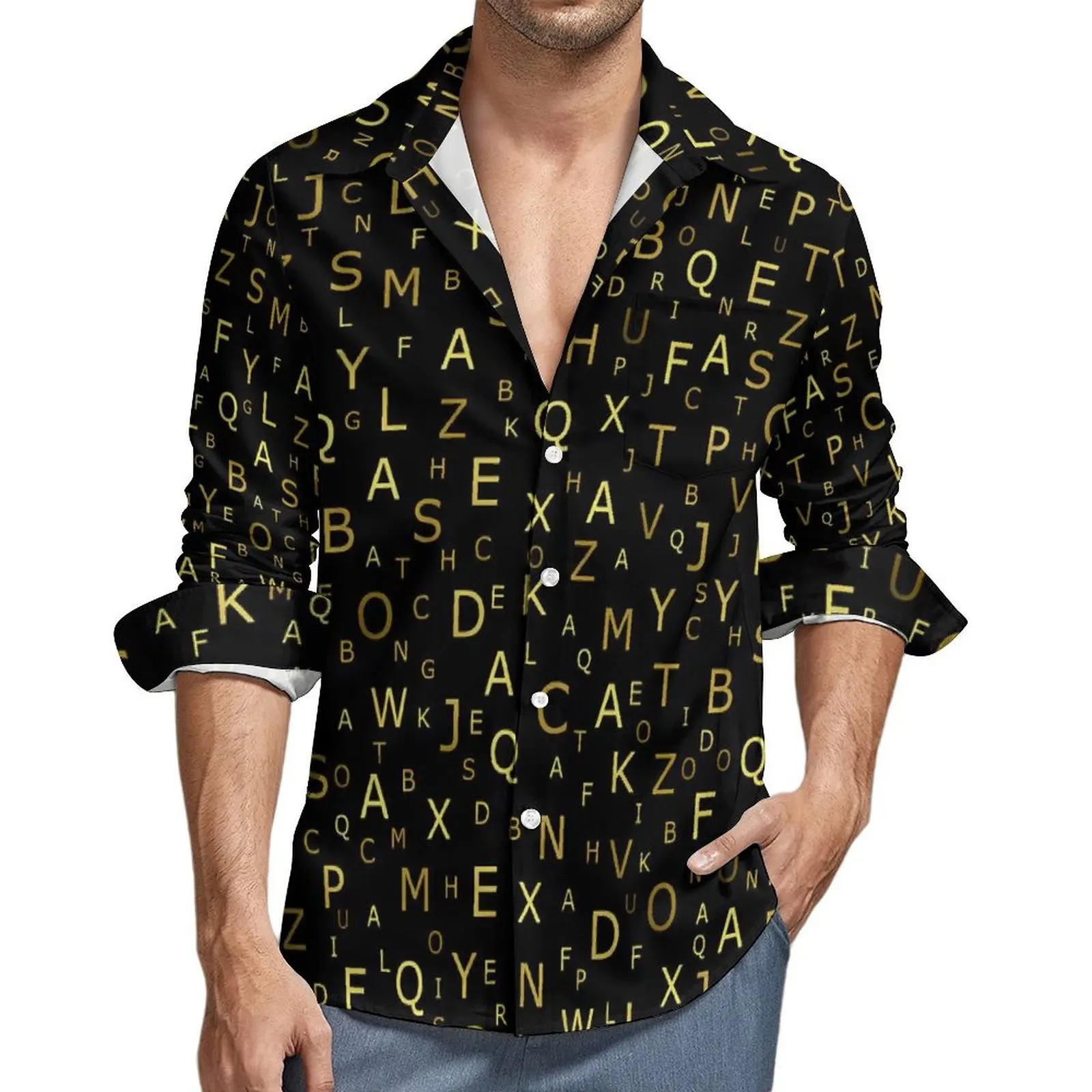 

Golden Letter Casual Shirt Alphabet Print Loose Hawaiian Shirts Man Short Sleeve Beach Y2K Funny Printed Oversize Blouses