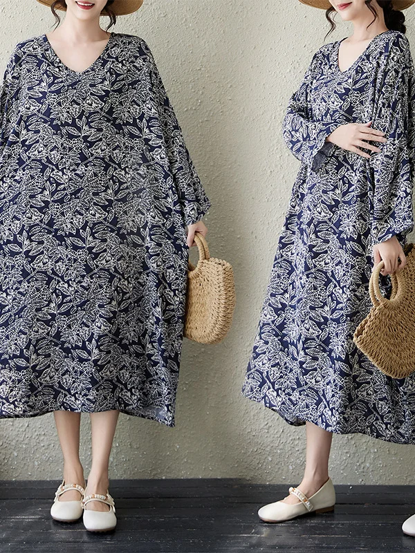 Loose V-Neck Midi Dress Women plus Size Floral Print Long Sleeve Spring Autumn Fashion Elegant Slimming City Walk Cotton Poly...