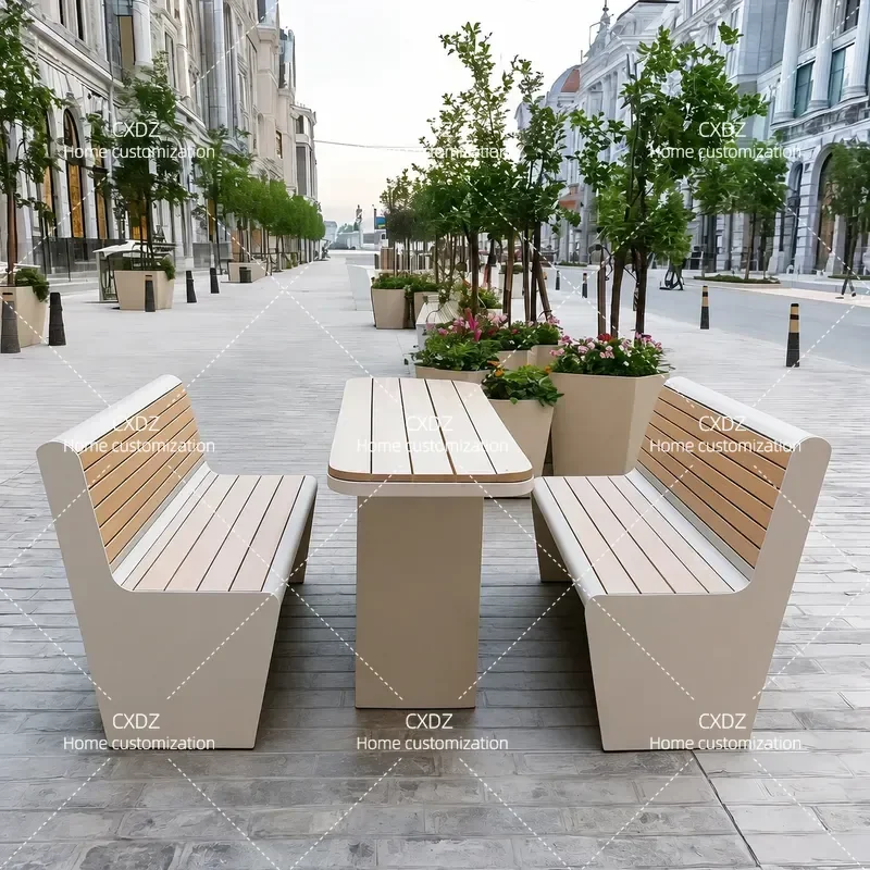 Outdoor Wrought Iron Flower Box Bench with Table and Chair Set Commercial Street Coffee Shop Leisure Seating Planter Combo