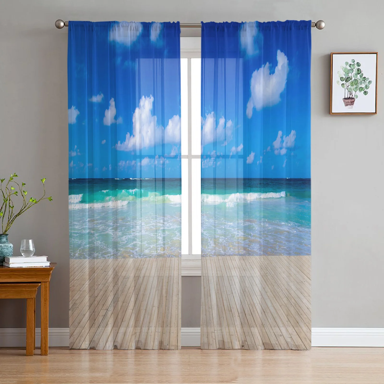 Rideaux transparents modernes en tulle pour cuisine, salon, chambre à coucher, plage, bleu, ciel, nuages blancs, traitement de fenêtre, décor