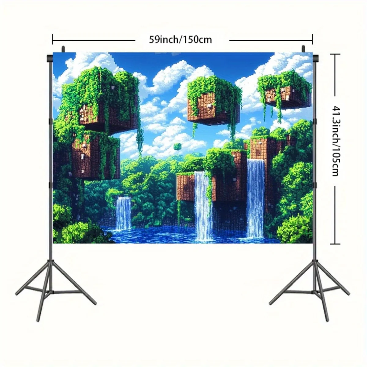 Pixel art floating island waterfall tapestry, showcasing retro game aesthetics, a blanket suitable for hanging in a gamer's room