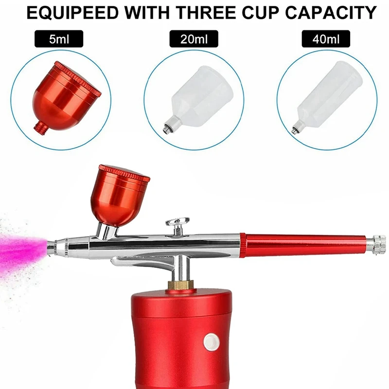 Portable Airbrush Accessories Parts Kit With Compressor, Rechargeable Cordless Handheld Airbrush Set With 3 Paint Cups, Red