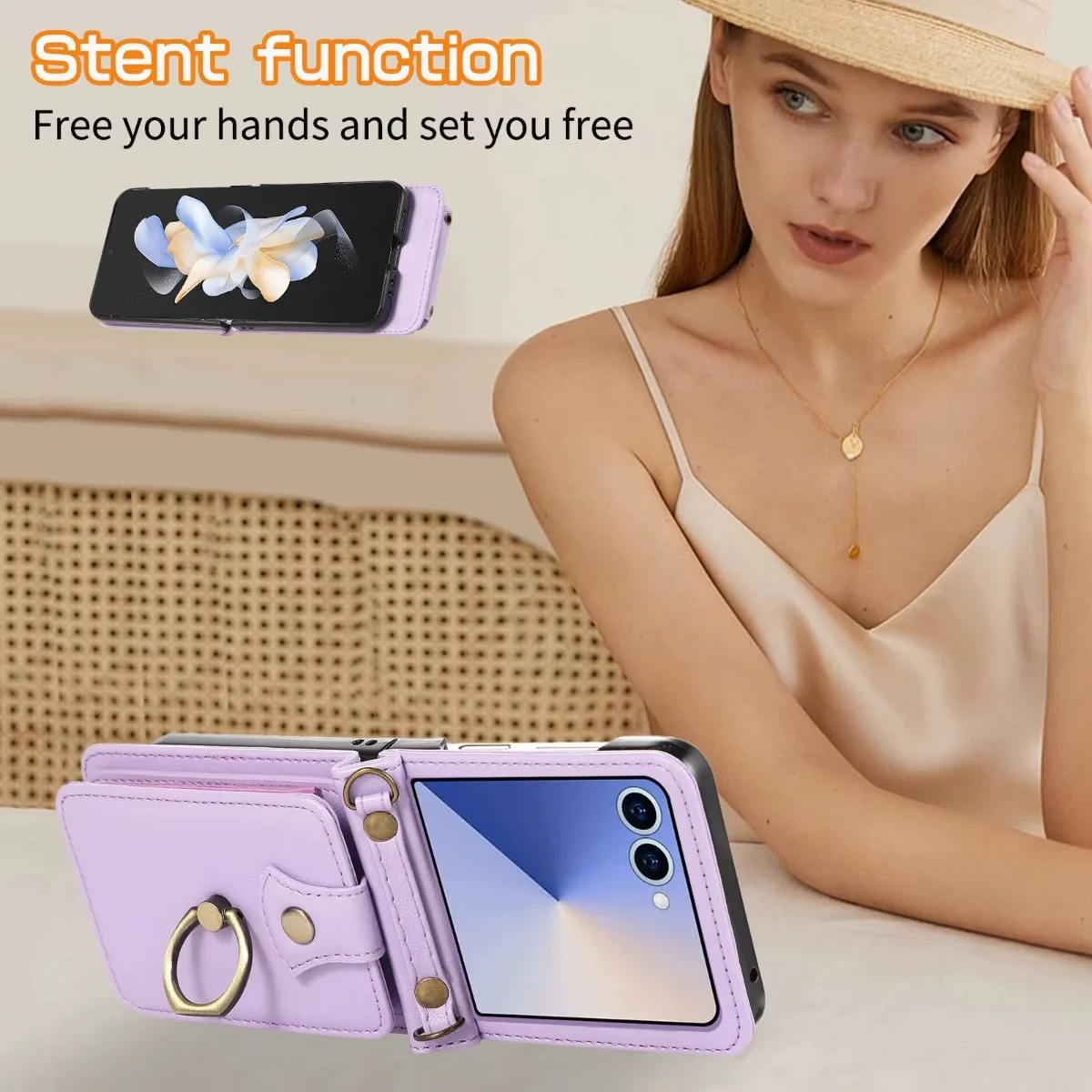 Soporte de anillo cruzado de cuero con ranura para tarjetas, funda de teléfono tipo billetera para Samsung Galaxy Z Flip 7 6 5 4 3 Flip7 FE, cubierta protectora de bisagra