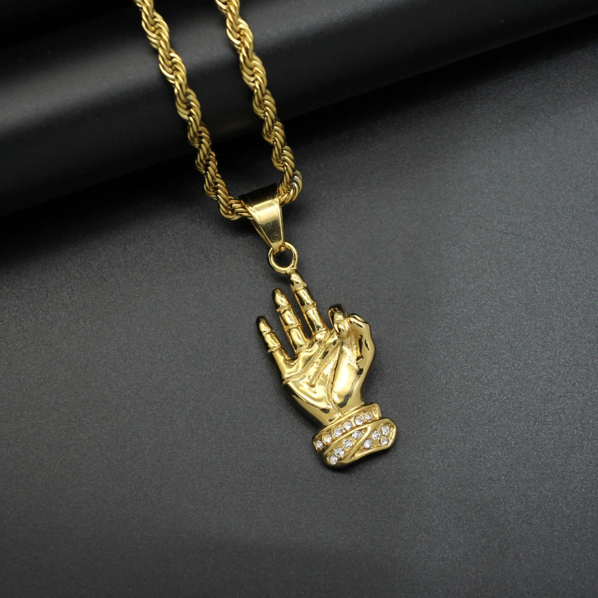 Hip Hop OK gesture Necklaces Pendants with rhinestone Stainless Steel women Men Accessories