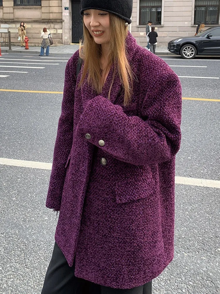Autumn Winter Women Versatile Loose Fit Mid Length Charm Purple Lady Work Single Breasted Suit Coat Designer Streetwear Jacket