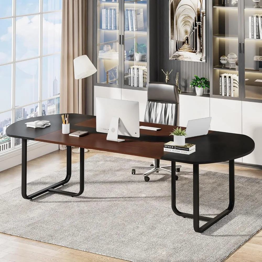 70.86'' Modern Oval Executive Computer Desk with Two-Tone Finish Splicing Board, Large Double Desk for Workstation, Curved Home