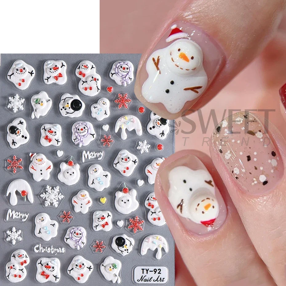 5D Embossed Cartoon Santa Nail Stickers Christmas Snowman Snowflake Elk Holiday Self-Adhesive Decals Manicure Decor Accessories