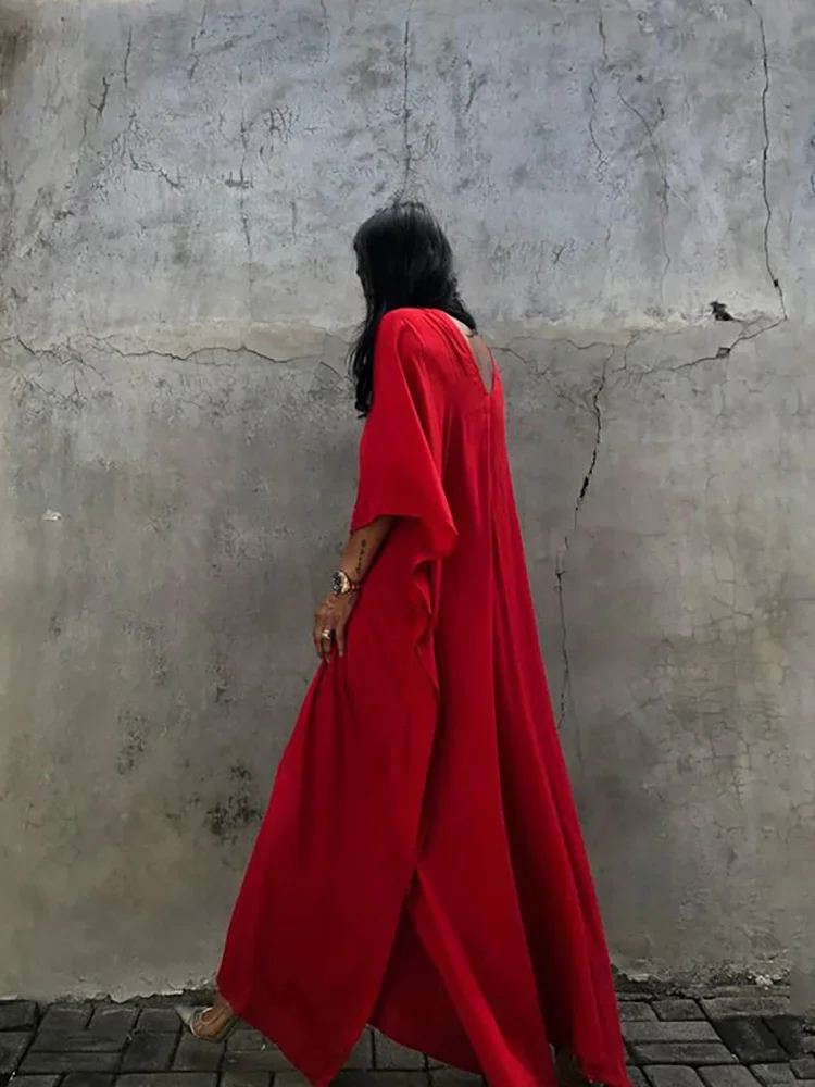 Vintage letnia długa sukienka damska Oversize czerwona szata wakacyjna rękaw w kształcie skrzydła nietoperza okrycie plażowe Maxi Vestidos