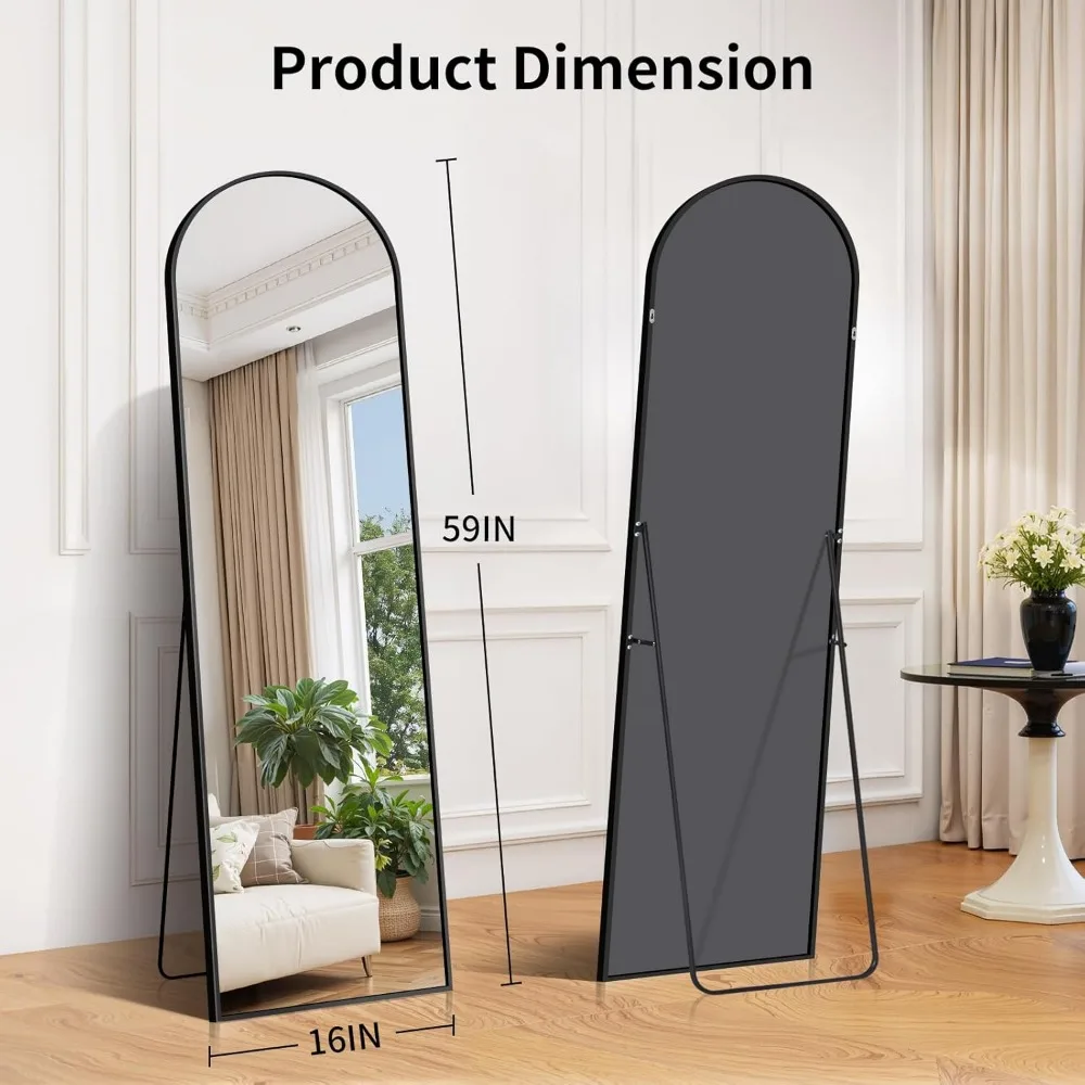 مرآة أرضية كاملة الطول مقاس 59 × 16، مرآة جسم من الألومنيوم قائمة بذاتها للجدار أو غرفة النوم، خيار التعليق أو الميل، مثالية للمنزل
