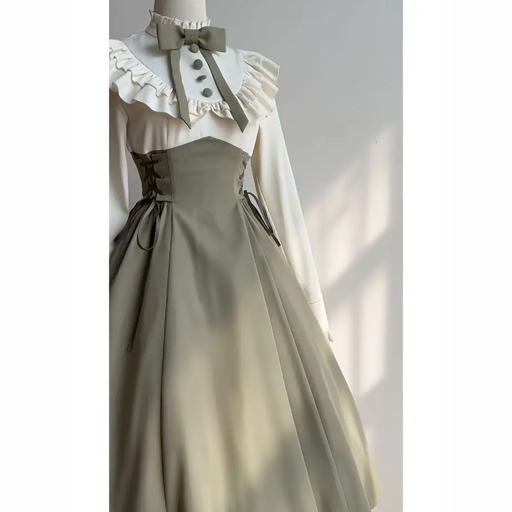 Coalfell Autumn New Elegant Princess Cla Contrast Color Fake Two-piece Dress Vintage Lolita Temperament Slim Long Dress