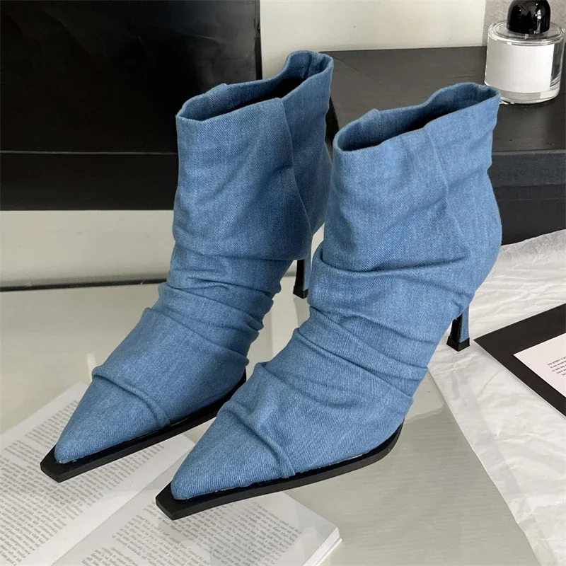 2024 New Denim Pleated Women Ankle Boots Women Autumn Winter Sexy Pointed Toe Thin Heels Women Shoes Zip Pumps Botas Mujer