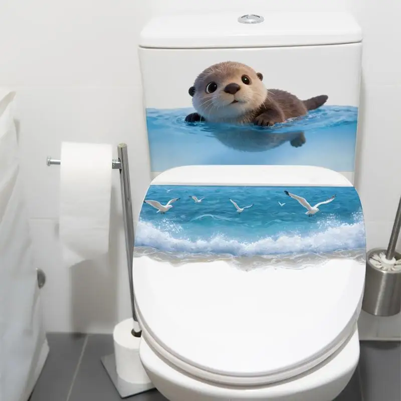 [S]Cute Otter Toilet Tank Sticker Ocean Wave PVC Decal For Bathroom Decor Adhesive Wall Art Home Decoration Accessories