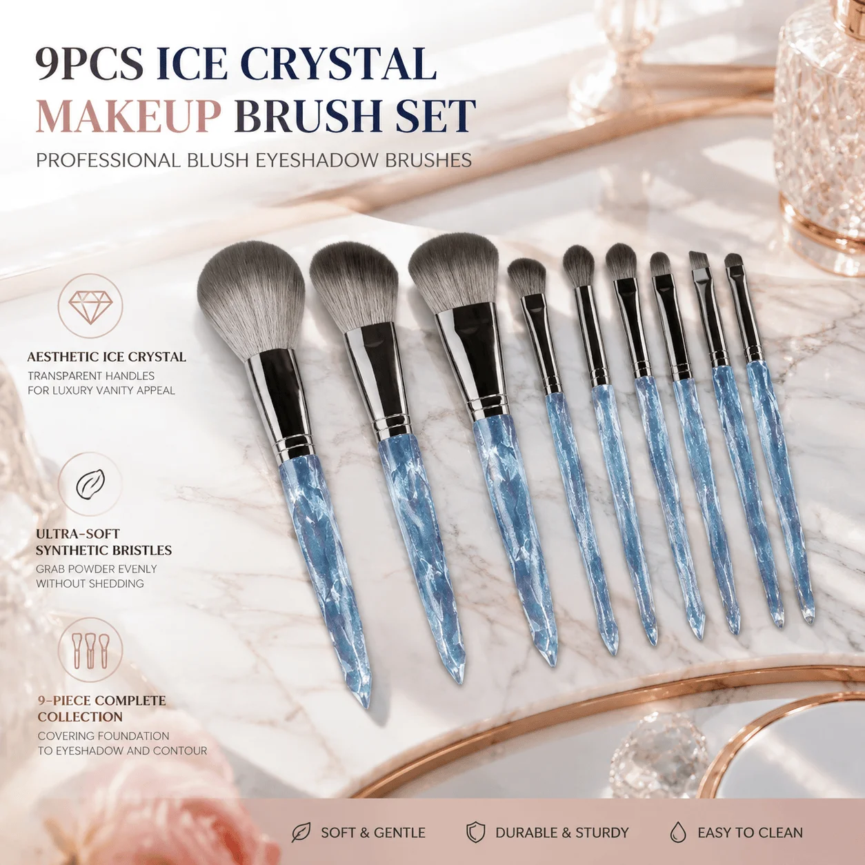 Ice Crystal Makeup Brushes 9Pcs Set Ultra Soft Synthetic Bristles Professional Face Cosmetic Brush Kit Complete Aesthetic Gift