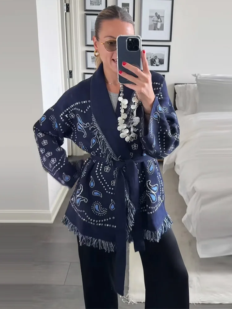 

Повседневный кардиган с бахромой и шалью, женский кардиган с v-образным вырезом и длинными рукавами на шнуровке, пальто большого размера, осень 2023, новинка 2023, женская накидка в стиле бохо