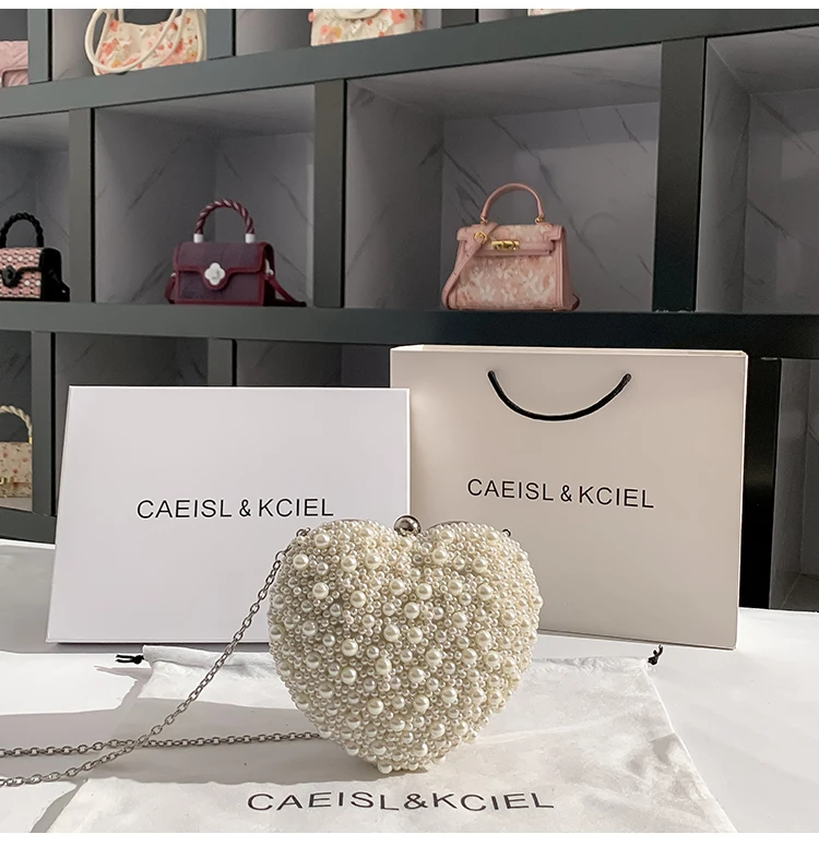 Luxury Pearl Beaded Heart Shaped Women Handbag Evening Bag Wedding Party Clutch Purse Shoulder Messenger Bag Female Fashion Bag