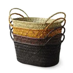Handmade DIY Straw Flower Pot Basket Fruit Sundries Organizer Foldable Laundry Straw Patchwork Wicker Rattan Seagrass Belly