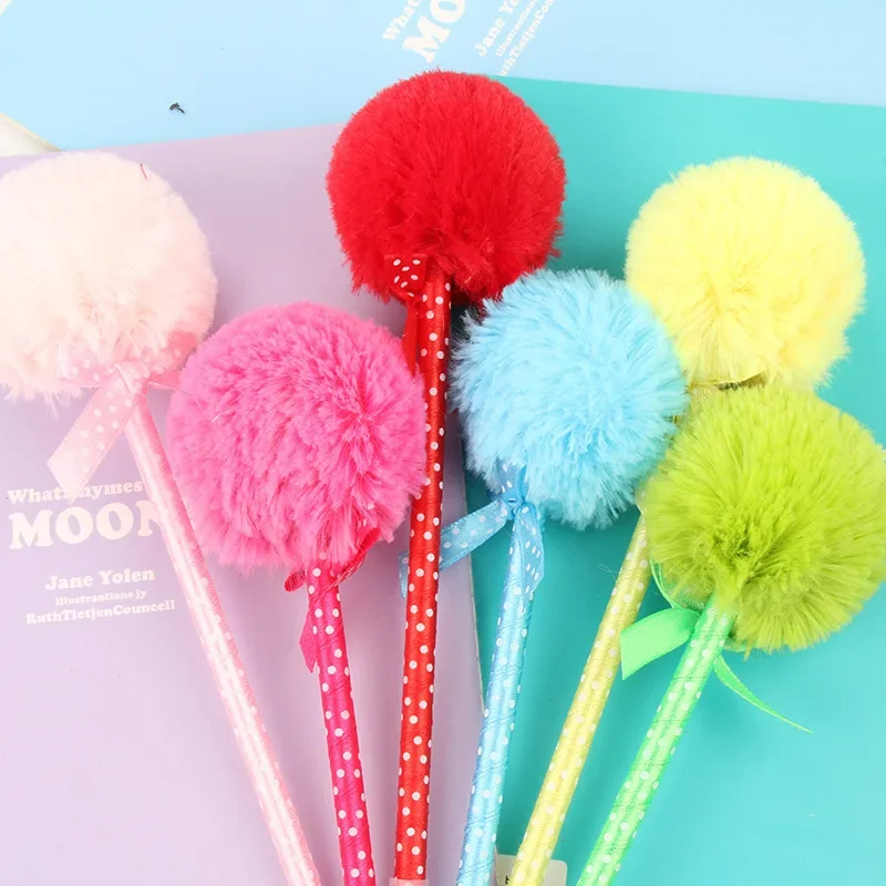 50PCS Japanese and Korean Style Stationery Cute Pompom Bow Pen Furry Ballpoint Pens for Writing