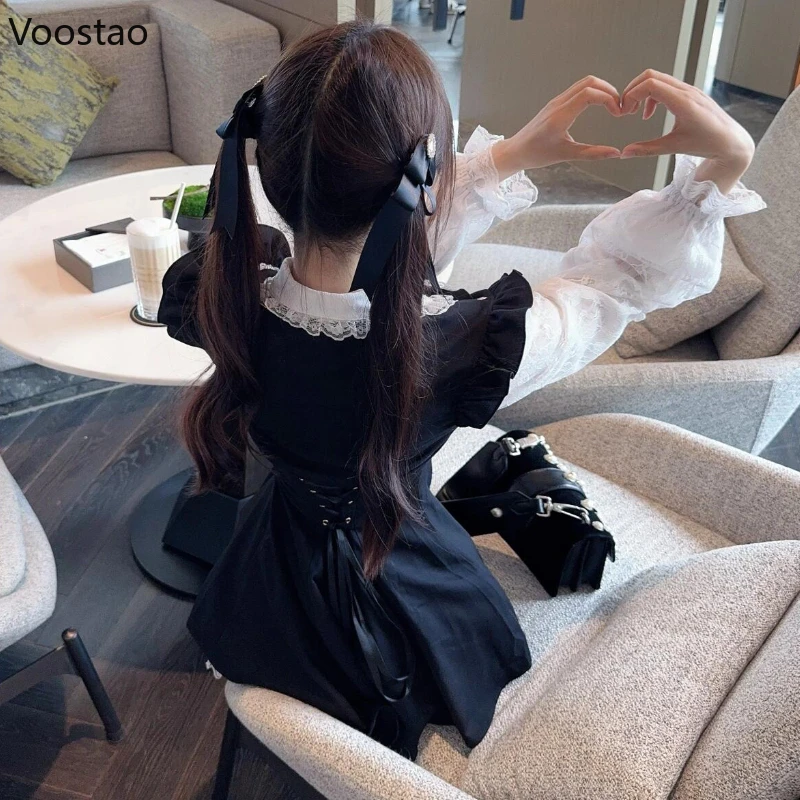 Robe Gothique de Style Japonais Y2k avec Nministériels d Lolita pour Femme, Vintage, Manches sulf, Faux Deux Pièces, Mini Robe de Soirée en Dentelle Mignonne, Patchwork