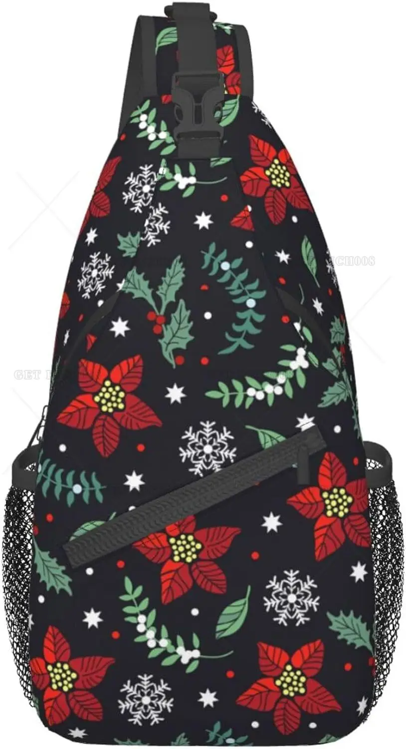 Cute Christmas Floral Sling Bag Xmas Holiday Sling Backpack Crossbody Chest Bag Daypack for Hiking Travel Casual Unisex