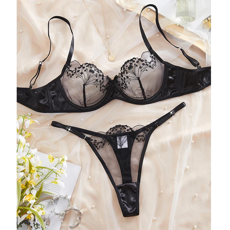

Sexy Female Lingerie 2 Pieces Bra Set See Through Tulle Underwear Delicate Embroidered Intimate Outfits Boudoir Erotic Lingerie