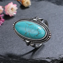Rings for Women Silver Fine Jewelry Vintage 11*25 Big Blue Aventurine Turquoise Hollow Out Elegant Finger Ring Gift