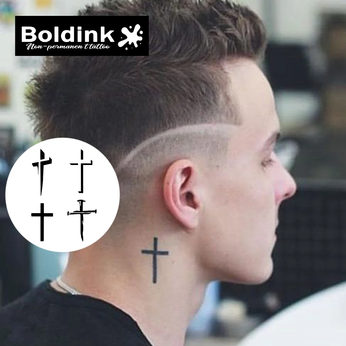 Boldink Plant-based Sharp Geometric Cross Tattoo Set for Modern Minimalist Symbols, Angular Line Art & Bold Edgy Ear Accents.