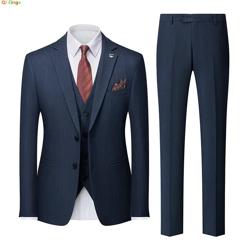 Terno masculino azul profundo de 3 peças, jaqueta e colete de vestido de festa de casamento com calças, tamanho asiático S-3XL, conjuntos masculinos finos com decoração de riscas