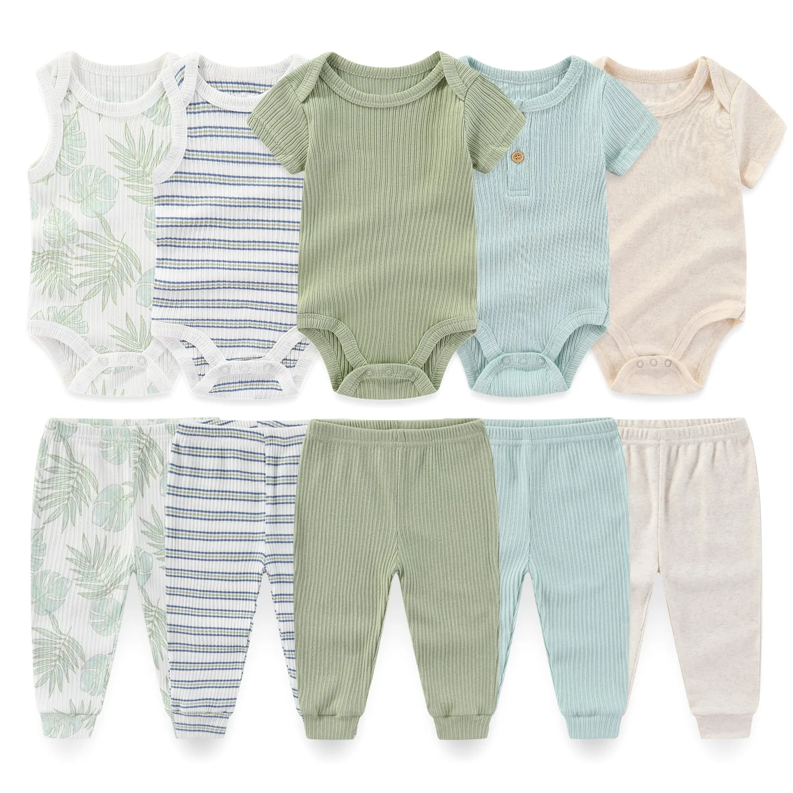 Kiddiezoom 10 Pcs/Lot Four Seasons Fashion Unisex Baby Boy Girl Clothing Set Soft Newborn Bodysuits+Pants Infant Outfit Gift