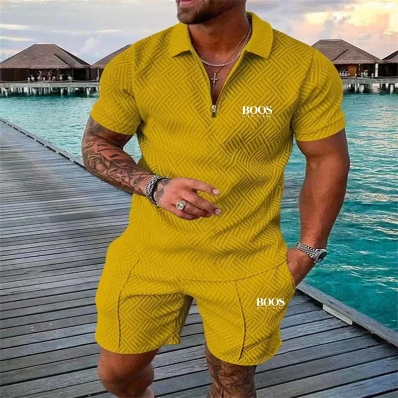 Conjunto de shorts de manga curta com zíper bordado de alta qualidade masculino de verão, novo conjunto de praia multifuncional elegante e casual