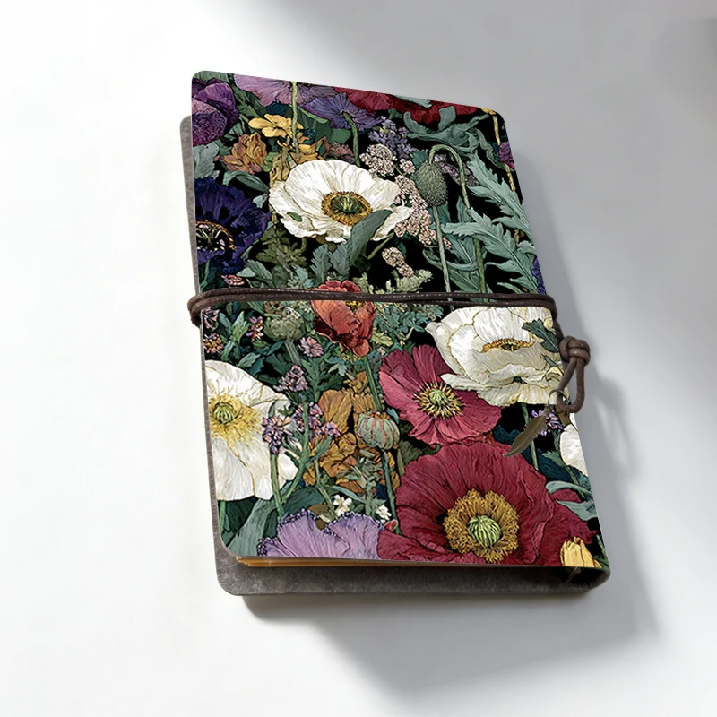 Vintage Floral Embossed Leather Journal - Handmade Travel Notebook with Poppy Flower Print, Refillable Sketchbook for Writing A6
