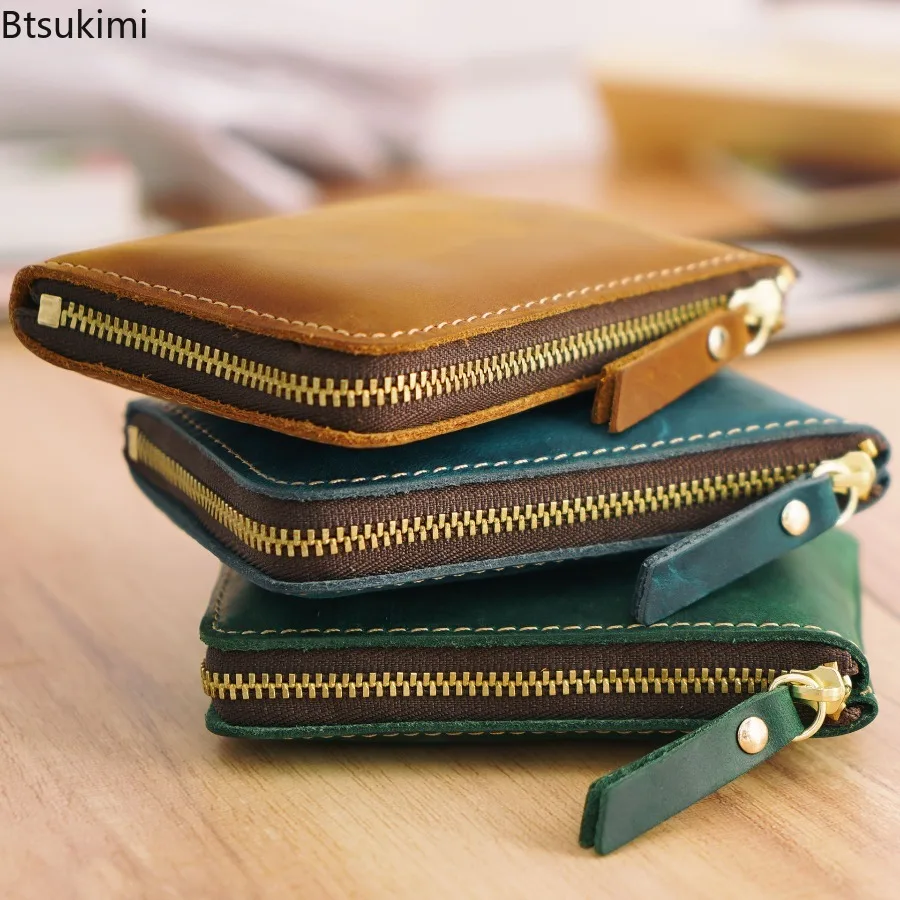 New Genuine Leather Card Holder Zipper Wallet, Vintage Leather Front Pocket Wallet Business Card Case Small Purse for Women Men