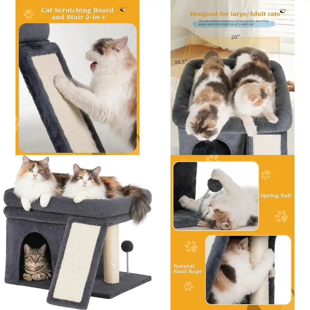 

Кошачья лежанка-башня для дома 14-в-1 с большой площадкой 20x16.5, сизалевой когтеточкой и домиком-пещерой для средних и крупных кошек, темно-серая