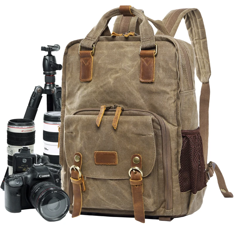 Photography Camera Backpack Waterproof 16oz Waxed Canvas leather DSLR SLR Backpacks with 15” laptop compartment Tripod Holder