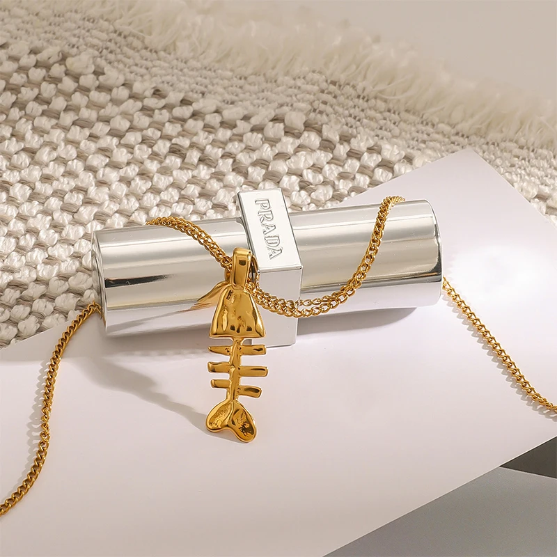 PRISCA | 18k Gold Fishbone Pendant Necklace Women Stainless Steel Fine Jewelry Korean Fashion 2026
