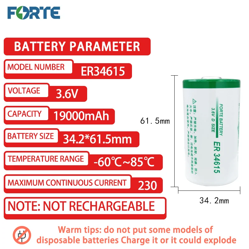 Forte ER34615 D Add SM Plug Disposable Lithium Battery 3.6V Intelligent Water Meter Flowmeter Coal Mine Natural Gas Battery