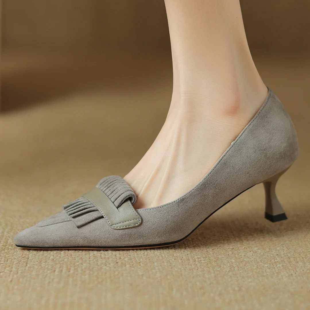 Women's natural suede leather thin high heel pointed toe slip-on pumps fringe elegant ladies high heeled dress shoes for woman