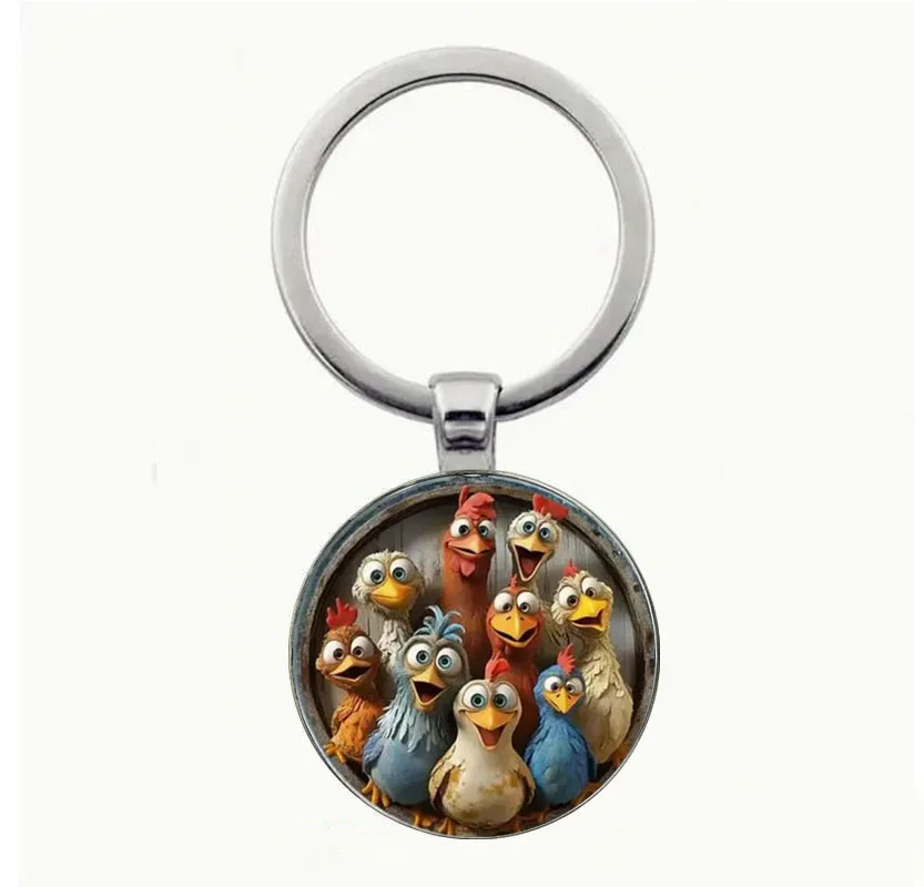 

Retro chicken design zinc alloy keychain - Cute cartoon chicken with colorful feathers, perfect for bags, cars, and home decor -