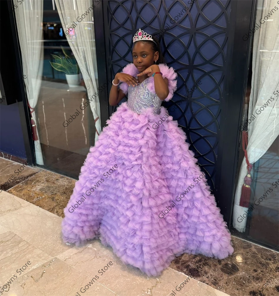 Lila Rüschen niedlichen Blumen mädchen Kleid Perlen Kristall Kind Prinzessin Kleid für Geburtstags feier Kleider Applikation abgestufte Robe de Bal