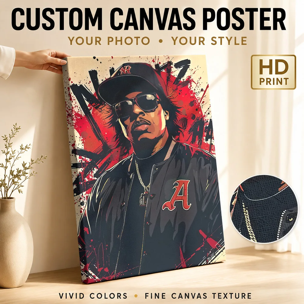 Eazy-E Portrait with Red Splatter Framed Canvas Poster Customized Photo Retro Music Wall Art for Bar Decor Gift for Collectors