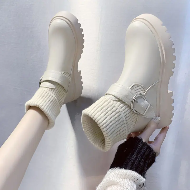 Short Shoes for Women Chunky Mary Janes Footwear White Booties Lolita Sock Female Ankle Boots Platform Elastic Trend 2024 New In