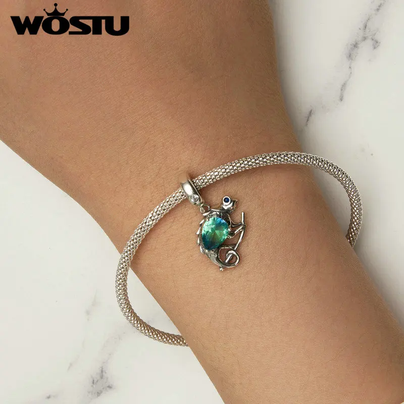 WOSTU 925 Sterling Silver Chameleon Pendant Gradient Glass Animal Charms Fit Original Bracelet Bangle & Necklace Jewelry Gift