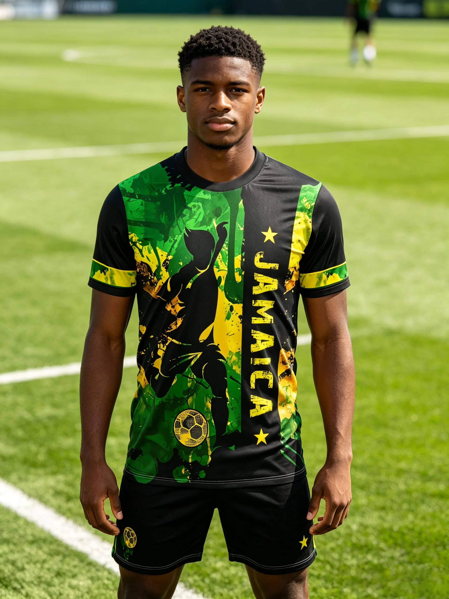 Jamaica themed football jersey,black base with green‑yellow graffiti,star & soccer details,moisture‑wicking fabric,athletic fit