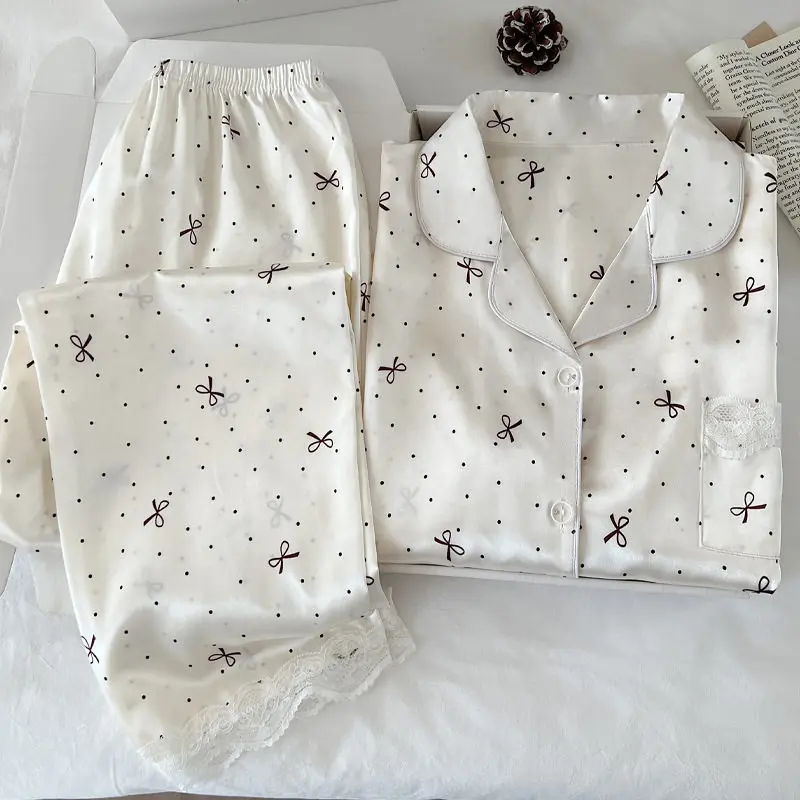 

Корейский стиль: модный женский пижамный комплект с коротким рукавом, топом и брюками, украшенный в горошек, с бантом и кружевными вставками, летняя домашняя одежда для женщин