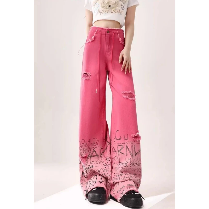 

Y2K Graffiti Pink Jeans for Women Dilapidated High Waist American Street Wide Leg Pants Hip Hop Vintage StraightSummer Trousers