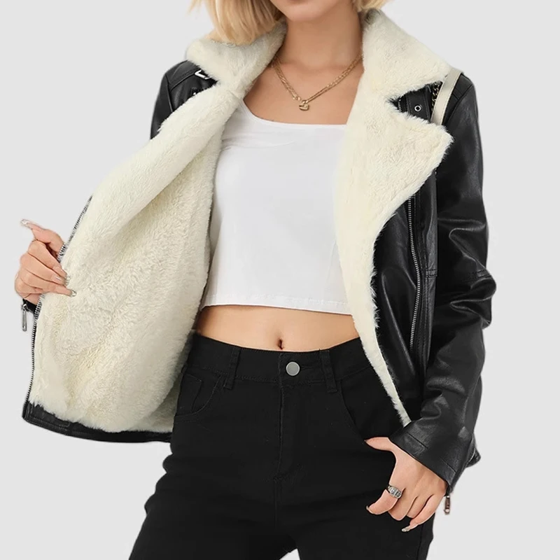 2025 New Fashion Winter Thickened Fur-Lined Coat for Women Zipper Design PU Leather Jacket Female Trendy